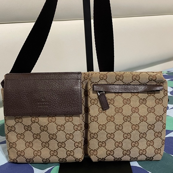 Gucci Vintage Double Belt/Crossbody Bag GG Canvas with Leather - Picture 1 of 15